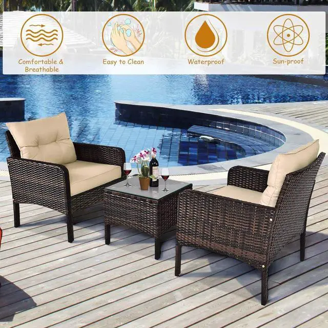 Alt view image 7 of 7 - RELAX4LIFE 3-Piece Patio Furniture Set, PE Rattan Wicker Outdoor Conversation Set w/Glass Top Coffee Table & Thick Cushions for Deck Porch Balcony Garden, Bistro Table and Chairs Set of 2 (Beige)