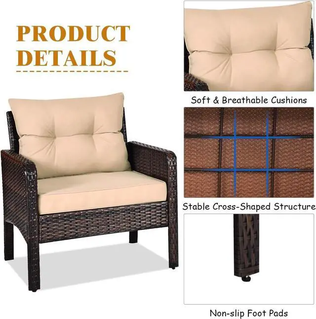 Alt view image 4 of 7 - RELAX4LIFE 3-Piece Patio Furniture Set, PE Rattan Wicker Outdoor Conversation Set w/Glass Top Coffee Table & Thick Cushions for Deck Porch Balcony Garden, Bistro Table and Chairs Set of 2 (Beige)