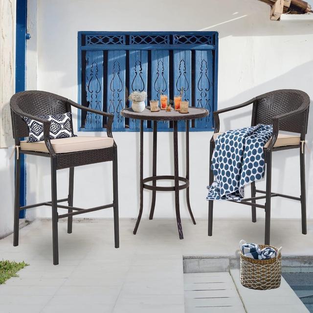 PORWEY 3 Piece Patio Bar Set Outdoor Rattan Wicker Bar Height