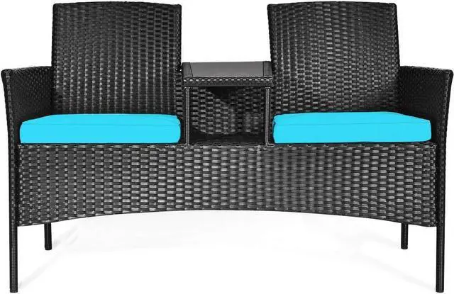 Main image of RELAX4LIFE Conversation Furniture Set with Table and Two Removable Cushions Rattan Wicker Chairs and Table Set for Patio,Garden, Baloney and Lawn Outdoor Porch Furniture Sets Loveseat (Black+Blue)