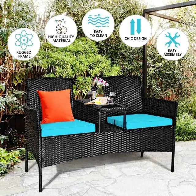 Alt view image 2 of 7 - RELAX4LIFE Conversation Furniture Set with Table and Two Removable Cushions Rattan Wicker Chairs and Table Set for Patio,Garden, Baloney and Lawn Outdoor Porch Furniture Sets Loveseat (Black+Blue)