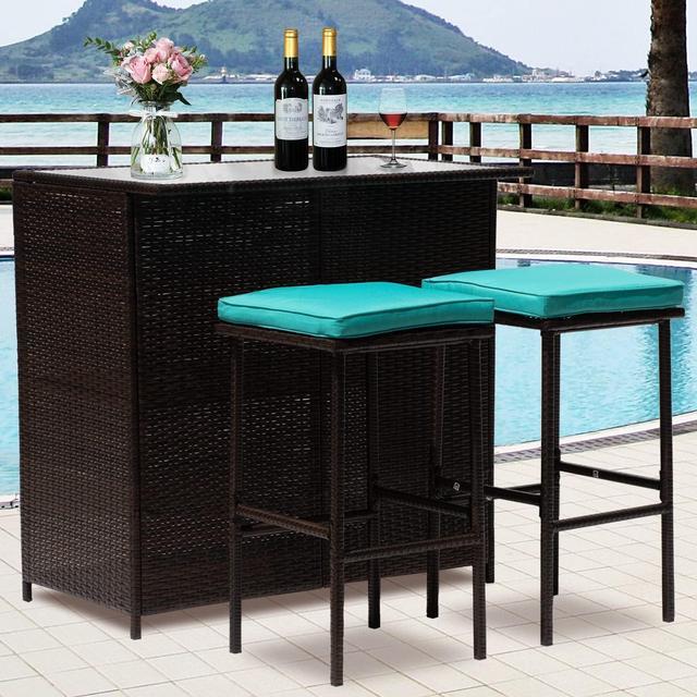 3 Piece Patio Bar Set Outdoor Wicker Bar Set All Weather Rattan