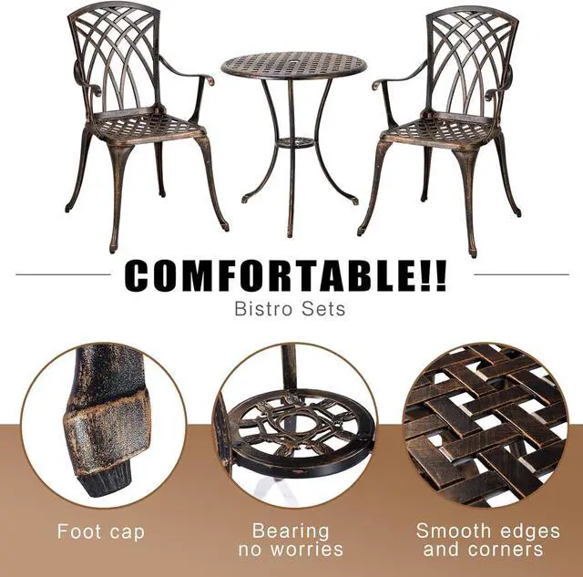 Alt view image 3 of 6 - Bistro Set 3 Piece Rustproof Cast Aluminum Patio Furniture Sets Round Table with Umbrella Hole for Outdoor, Patio, Balcony, Bronze