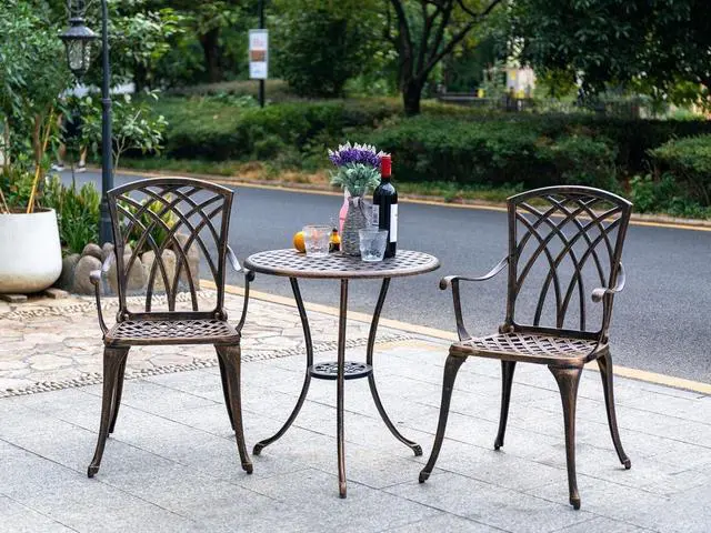 Alt view image 5 of 6 - Bistro Set 3 Piece Rustproof Cast Aluminum Patio Furniture Sets Round Table with Umbrella Hole for Outdoor, Patio, Balcony, Bronze