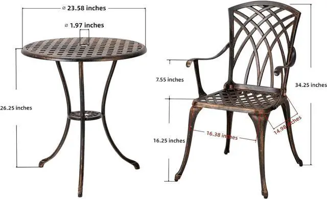 Alt view image 6 of 6 - Bistro Set 3 Piece Rustproof Cast Aluminum Patio Furniture Sets Round Table with Umbrella Hole for Outdoor, Patio, Balcony, Bronze