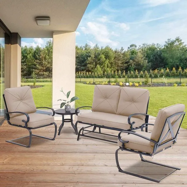 Alt view image 2 of 6 - 4 Pcs Outdoor Wrought Iron Furniture Patio Conversation Set with Glider Loveseat, 2 Spring Chairs, and Coffee Table (Brown)