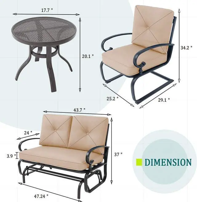 Alt view image 5 of 6 - 4 Pcs Outdoor Wrought Iron Furniture Patio Conversation Set with Glider Loveseat, 2 Spring Chairs, and Coffee Table (Brown)