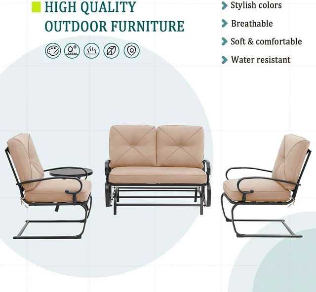 Alt view image 6 of 6 - 4 Pcs Outdoor Wrought Iron Furniture Patio Conversation Set with Glider Loveseat, 2 Spring Chairs, and Coffee Table (Brown)