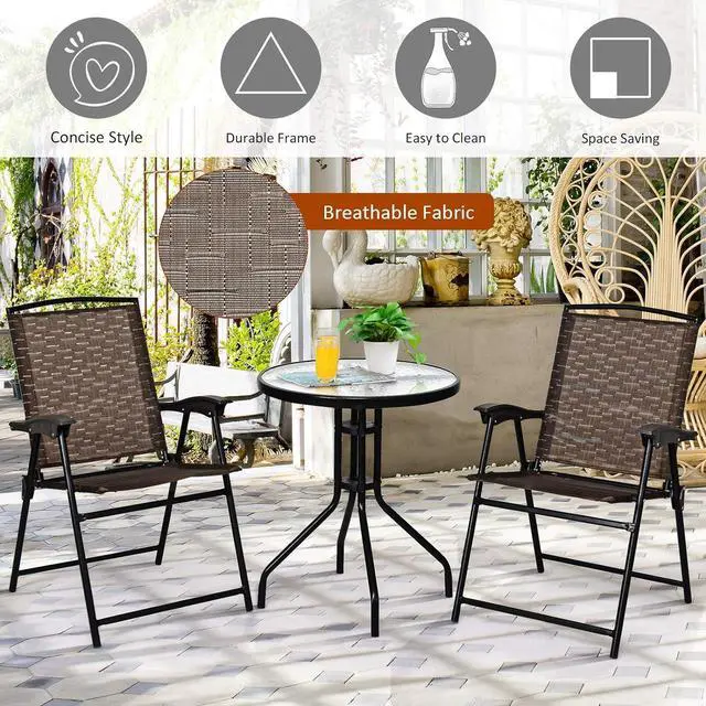 Alt view image 6 of 7 - Giantex Patio Dining Set with 2 Patio Folding Chairs, Outdoor Round Table and Chairs for Garden, Pool, Backyard, Tempered Glass Tabletop, Bistro Dining Furniture Set (Brown)