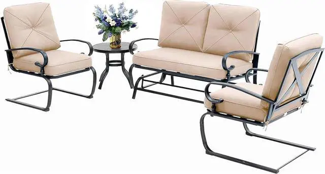 Main image of 4 Pieces Metal Outdoor Furniture Patio Conversation Set, Glider Chairs Set with Round Side Table, Spring Lounge Chair Sets Metal Frame Wrought Iron Look (Brown)