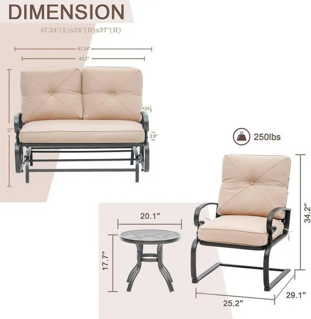 Alt view image 3 of 7 - 4 Pieces Metal Outdoor Furniture Patio Conversation Set, Glider Chairs Set with Round Side Table, Spring Lounge Chair Sets Metal Frame Wrought Iron Look (Brown)