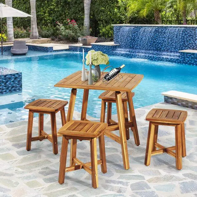 Alt view image 3 of 7 - Tangkula 5 Piece Wood Patio Dining Set, Outdoor Dining Furniture w/Square Table & 4 Stools, Garden Conversation Dinging Set for Porch, Backyard, Balcony, Poolside, Reddish Brown