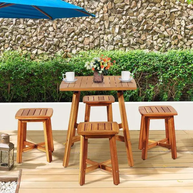 Alt view image 2 of 7 - Tangkula 5 Piece Wood Patio Dining Set, Outdoor Dining Furniture w/Square Table & 4 Stools, Garden Conversation Dinging Set for Porch, Backyard, Balcony, Poolside, Reddish Brown
