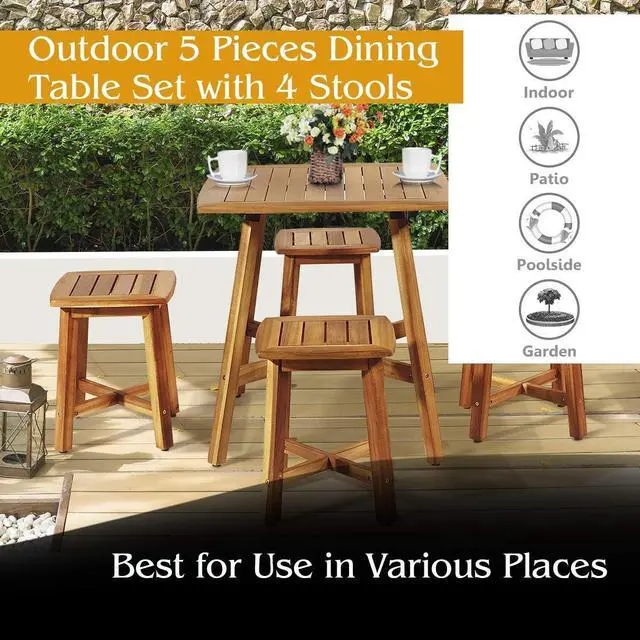 Alt view image 5 of 7 - Tangkula 5 Piece Wood Patio Dining Set, Outdoor Dining Furniture w/Square Table & 4 Stools, Garden Conversation Dinging Set for Porch, Backyard, Balcony, Poolside, Reddish Brown