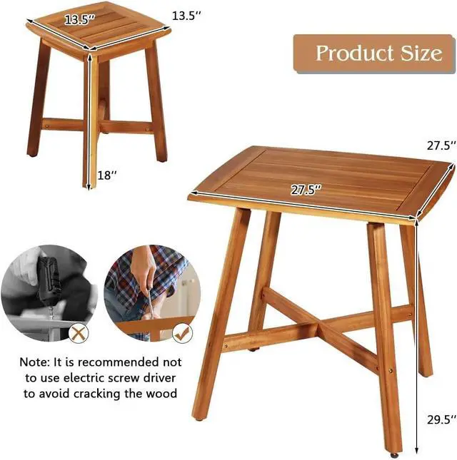 Alt view image 4 of 7 - Tangkula 5 Piece Wood Patio Dining Set, Outdoor Dining Furniture w/Square Table & 4 Stools, Garden Conversation Dinging Set for Porch, Backyard, Balcony, Poolside, Reddish Brown