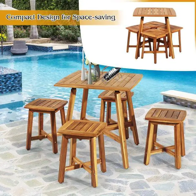 Alt view image 7 of 7 - Tangkula 5 Piece Wood Patio Dining Set, Outdoor Dining Furniture w/Square Table & 4 Stools, Garden Conversation Dinging Set for Porch, Backyard, Balcony, Poolside, Reddish Brown