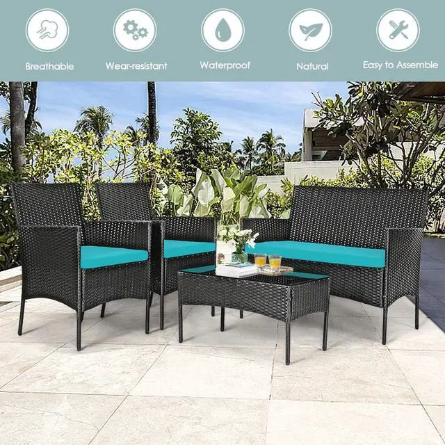 Alt view image 6 of 7 - DORTALA 4 Pieces Patio Furniture Set, Rattan Conversation Set with Coffee Table & Cushions, Outdoor Wicker Sofa Set for Poolside, Backyard, Turquoise