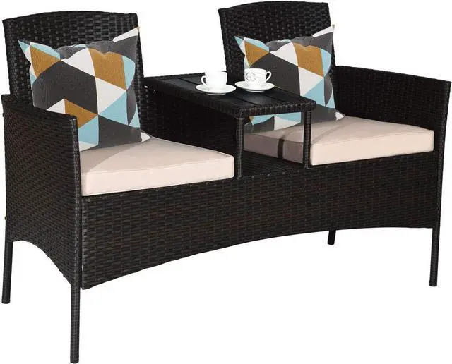 Main image of Tangkula Outdoor Rattan Loveseat, Patio Conversation Set with Cushions & Table, Modern Patented Wicker Sofa Set with Built-in Coffee Table, Rattan Sofas for Garden Lawn Backyard