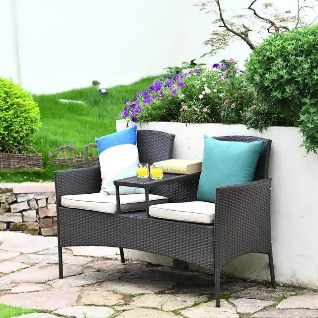 Alt view image 2 of 7 - Tangkula Outdoor Rattan Loveseat, Patio Conversation Set with Cushions & Table, Modern Patented Wicker Sofa Set with Built-in Coffee Table, Rattan Sofas for Garden Lawn Backyard