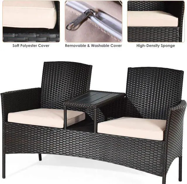 Alt view image 7 of 7 - Tangkula Outdoor Rattan Loveseat, Patio Conversation Set with Cushions & Table, Modern Patented Wicker Sofa Set with Built-in Coffee Table, Rattan Sofas for Garden Lawn Backyard