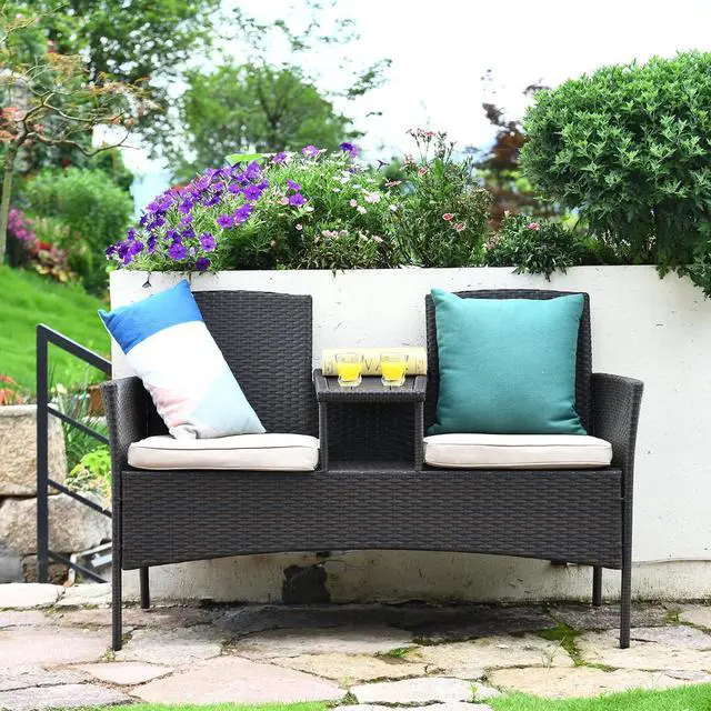 Alt view image 4 of 7 - Tangkula Outdoor Rattan Loveseat, Patio Conversation Set with Cushions & Table, Modern Patented Wicker Sofa Set with Built-in Coffee Table, Rattan Sofas for Garden Lawn Backyard
