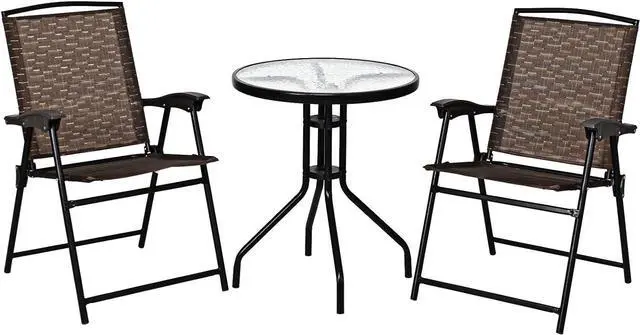 Main image of Giantex Patio Dining Set with 2 Patio Folding Chairs, Outdoor Round Table and Chairs for Garden, Pool, Backyard, Tempered Glass Tabletop, Bistro Dining Furniture Set (Brown)
