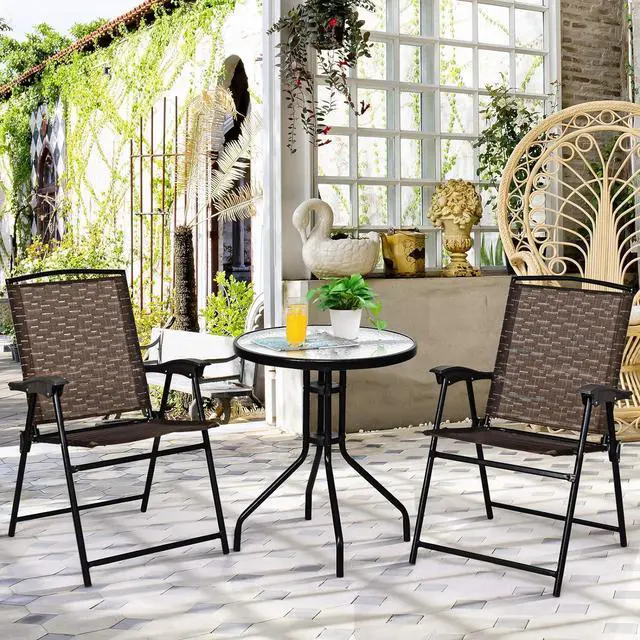 Alt view image 2 of 7 - Giantex Patio Dining Set with 2 Patio Folding Chairs, Outdoor Round Table and Chairs for Garden, Pool, Backyard, Tempered Glass Tabletop, Bistro Dining Furniture Set (Brown)