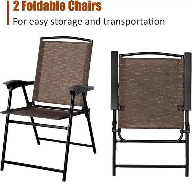 Alt view image 3 of 7 - Giantex Patio Dining Set with 2 Patio Folding Chairs, Outdoor Round Table and Chairs for Garden, Pool, Backyard, Tempered Glass Tabletop, Bistro Dining Furniture Set (Brown)
