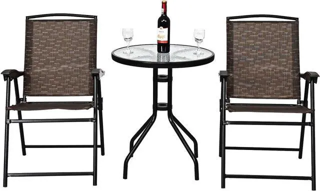 Alt view image 7 of 7 - Giantex Patio Dining Set with 2 Patio Folding Chairs, Outdoor Round Table and Chairs for Garden, Pool, Backyard, Tempered Glass Tabletop, Bistro Dining Furniture Set (Brown)