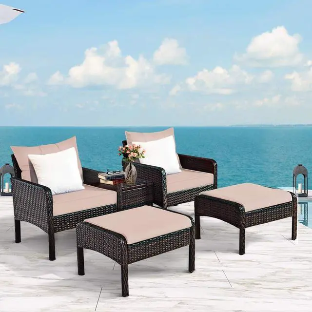 Alt view image 3 of 7 - Tangkula Wicker Furniture Set 5 Pieces PE Wicker Rattan Outdoor All Weather Cushioned Sofas and Ottoman Set Lawn Pool Balcony Conversation Set Chat Set
