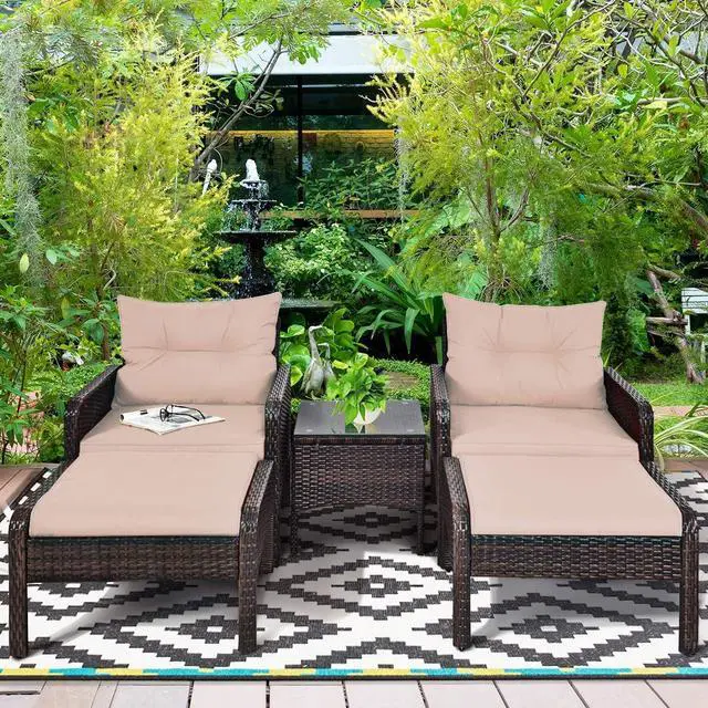 Alt view image 4 of 7 - Tangkula Wicker Furniture Set 5 Pieces PE Wicker Rattan Outdoor All Weather Cushioned Sofas and Ottoman Set Lawn Pool Balcony Conversation Set Chat Set