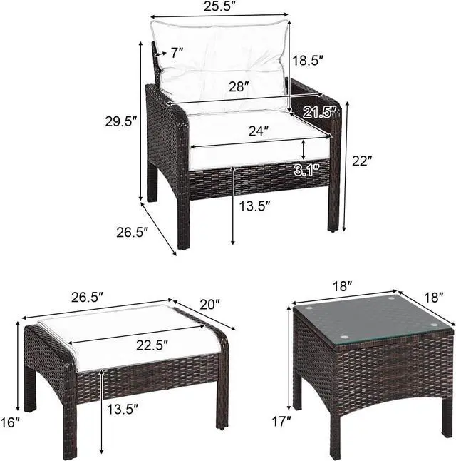 Alt view image 6 of 7 - Tangkula Wicker Furniture Set 5 Pieces PE Wicker Rattan Outdoor All Weather Cushioned Sofas and Ottoman Set Lawn Pool Balcony Conversation Set Chat Set