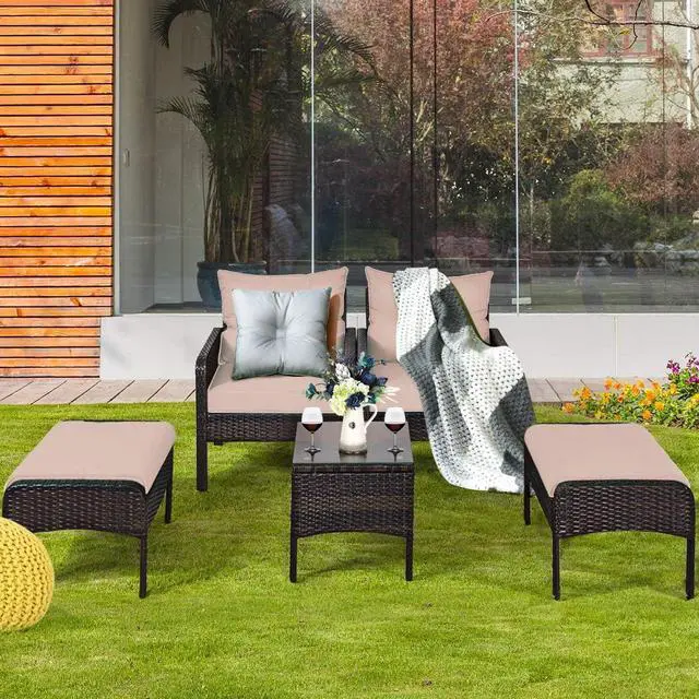 Alt view image 5 of 7 - Tangkula Wicker Furniture Set 5 Pieces PE Wicker Rattan Outdoor All Weather Cushioned Sofas and Ottoman Set Lawn Pool Balcony Conversation Set Chat Set
