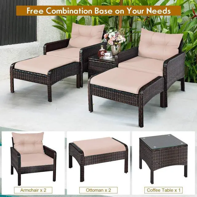 Alt view image 7 of 7 - Tangkula Wicker Furniture Set 5 Pieces PE Wicker Rattan Outdoor All Weather Cushioned Sofas and Ottoman Set Lawn Pool Balcony Conversation Set Chat Set