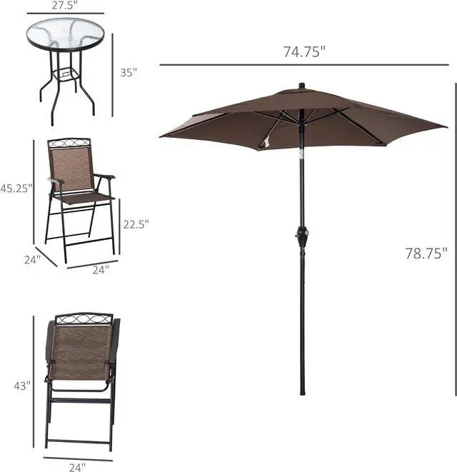 Alt view image 5 of 7 - Outsunny 4 Piece Outdoor Patio Dining Furniture Set, 2 Folding Chairs, Adjustable Angle Umbrella, Wave Textured Tempered Glass Dinner Table, Brown