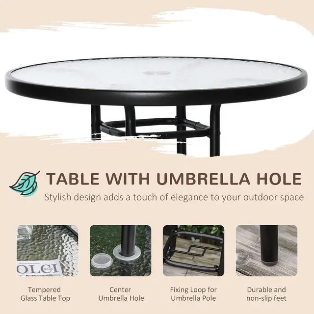 Alt view image 3 of 7 - Outsunny 4 Piece Outdoor Patio Dining Furniture Set, 2 Folding Chairs, Adjustable Angle Umbrella, Wave Textured Tempered Glass Dinner Table, Brown