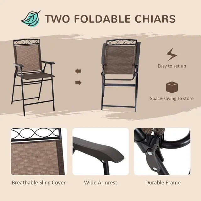Alt view image 4 of 7 - Outsunny 4 Piece Outdoor Patio Dining Furniture Set, 2 Folding Chairs, Adjustable Angle Umbrella, Wave Textured Tempered Glass Dinner Table, Brown
