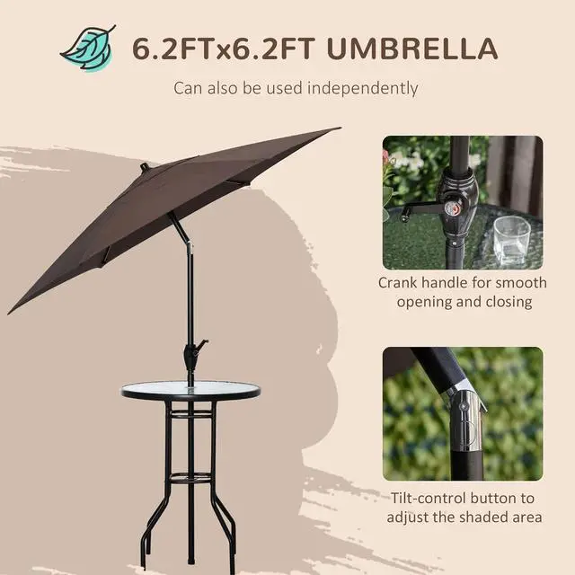 Alt view image 6 of 7 - Outsunny 4 Piece Outdoor Patio Dining Furniture Set, 2 Folding Chairs, Adjustable Angle Umbrella, Wave Textured Tempered Glass Dinner Table, Brown