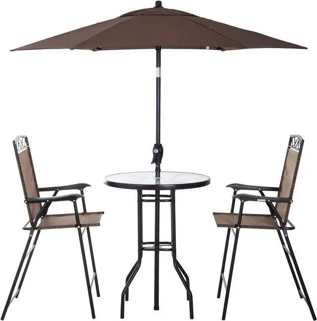 Alt view image 7 of 7 - Outsunny 4 Piece Outdoor Patio Dining Furniture Set, 2 Folding Chairs, Adjustable Angle Umbrella, Wave Textured Tempered Glass Dinner Table, Brown