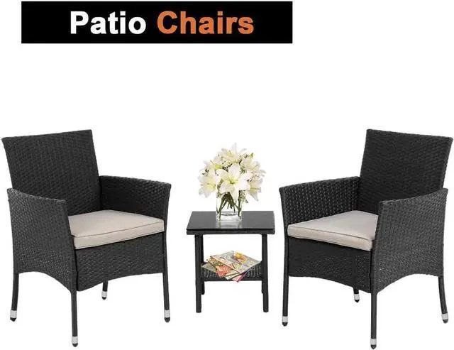 Alt view image 2 of 7 - Patio Furniture Set 3 Piece Patio Chair Bistro Set Outdoor Rattan Chairs Wicker Conversation Set for Backyard Porch Poolside Lawn,Black