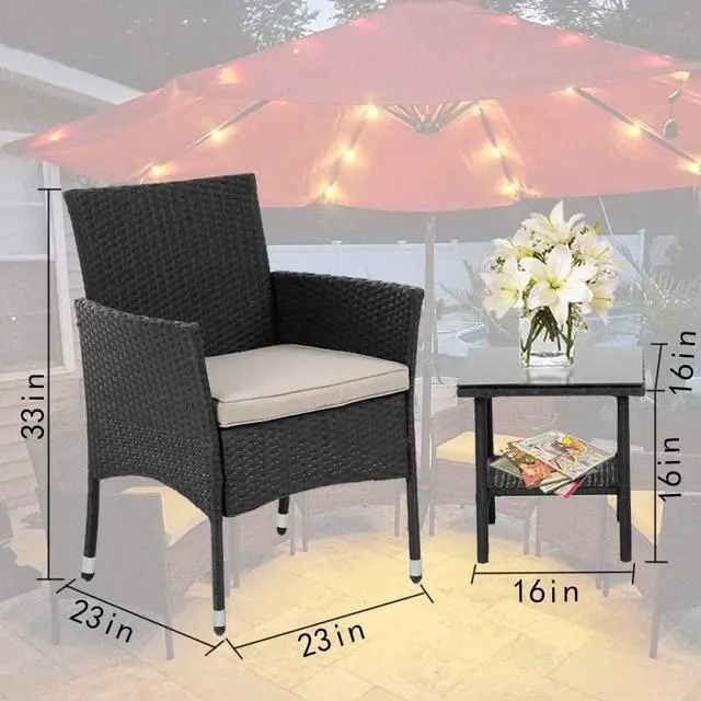 Alt view image 7 of 7 - Patio Furniture Set 3 Piece Patio Chair Bistro Set Outdoor Rattan Chairs Wicker Conversation Set for Backyard Porch Poolside Lawn,Black