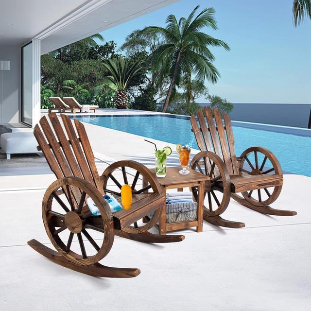 FURNDOOR 3 PCs Patio Rocking Chair Set Outdoor Wooden Rocker