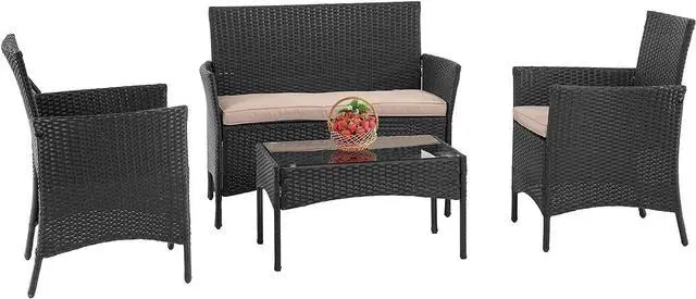 Main image of FDW Outdoor Indoor Use Rattan Chairs Wicker Patio Loveseats Conversation Sets with Table Cushions for Backyard Lawn Porch Garden Balcony, Love Seats, Black and Beige