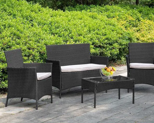 Alt view image 2 of 7 - FDW Outdoor Indoor Use Rattan Chairs Wicker Patio Loveseats Conversation Sets with Table Cushions for Backyard Lawn Porch Garden Balcony, Love Seats, Black and Beige