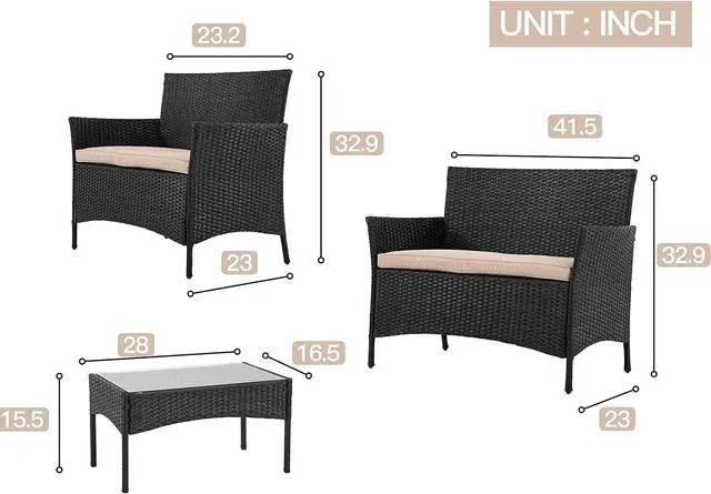 Alt view image 7 of 7 - FDW Outdoor Indoor Use Rattan Chairs Wicker Patio Loveseats Conversation Sets with Table Cushions for Backyard Lawn Porch Garden Balcony, Love Seats, Black and Beige