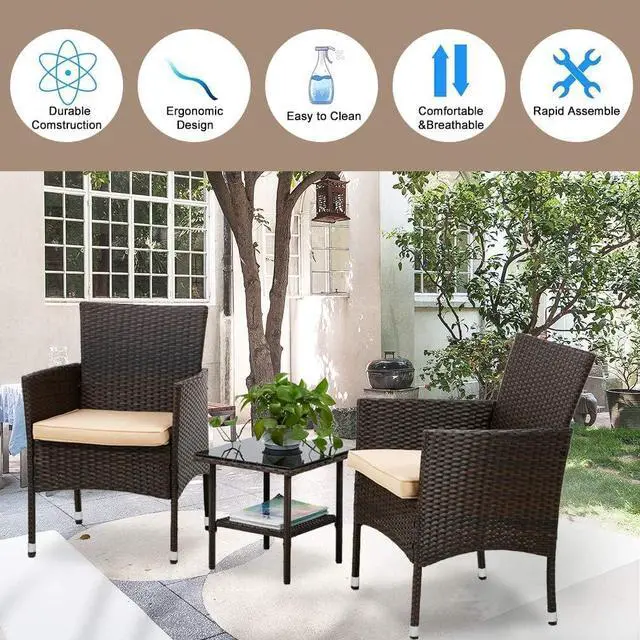 Alt view image 5 of 7 - FDW Outdoor Patio Wicker Rattan Chair Conversation Garden Porch Furniture Sets for Yard and Bistro with Coffee Table (Brown)