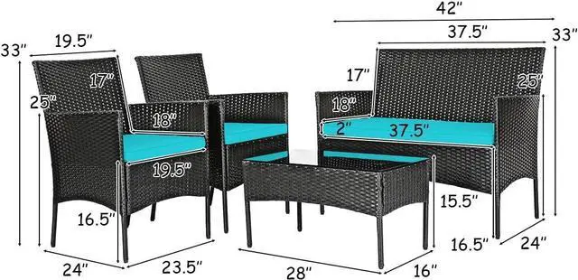 Alt view image 2 of 7 - DORTALA 4 Pieces Patio Furniture Set, Rattan Conversation Set with Coffee Table & Cushions, Outdoor Wicker Sofa Set for Poolside, Backyard, Turquoise