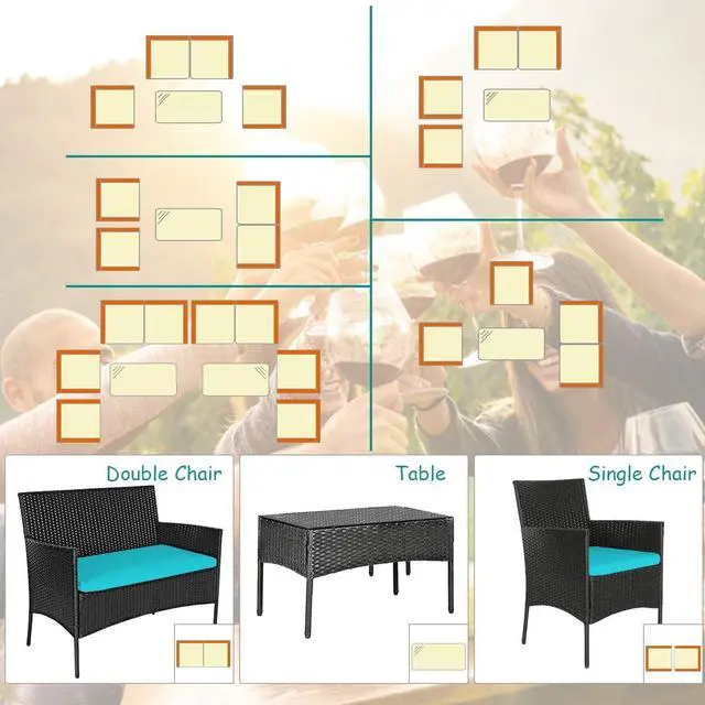 Alt view image 5 of 7 - DORTALA 4 Pieces Patio Furniture Set, Rattan Conversation Set with Coffee Table & Cushions, Outdoor Wicker Sofa Set for Poolside, Backyard, Turquoise