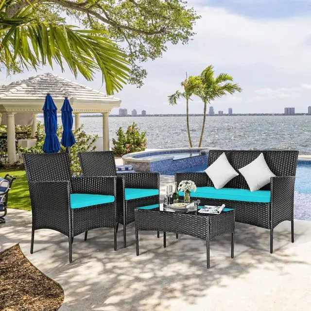Alt view image 7 of 7 - DORTALA 4 Pieces Patio Furniture Set, Rattan Conversation Set with Coffee Table & Cushions, Outdoor Wicker Sofa Set for Poolside, Backyard, Turquoise
