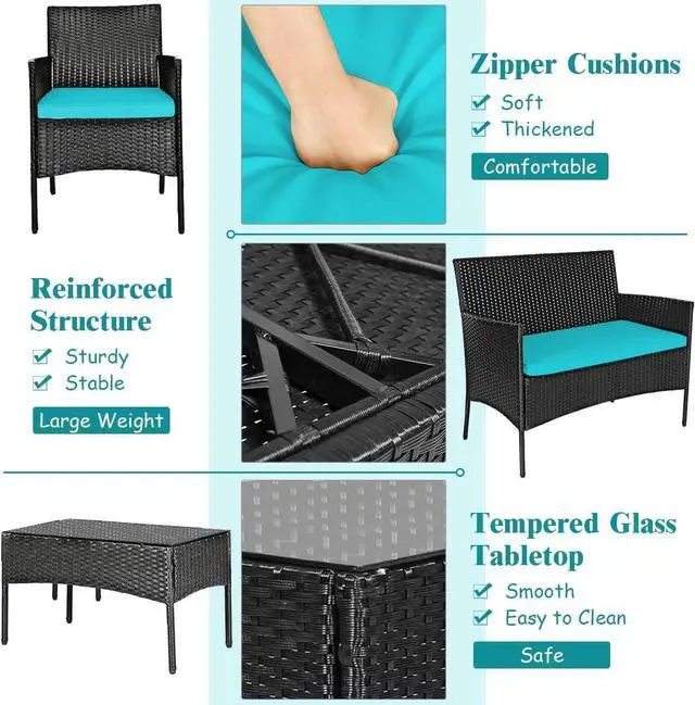 Alt view image 4 of 7 - DORTALA 4 Pieces Patio Furniture Set, Rattan Conversation Set with Coffee Table & Cushions, Outdoor Wicker Sofa Set for Poolside, Backyard, Turquoise